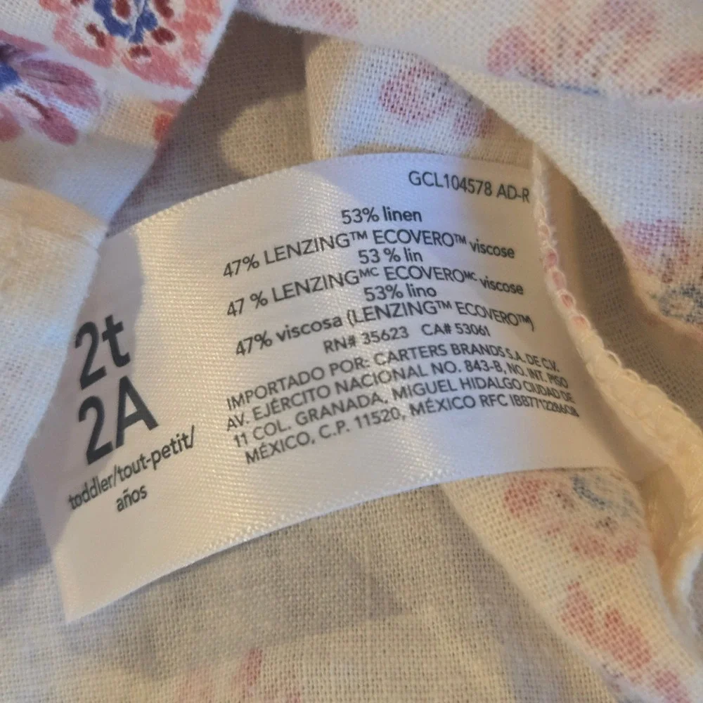 Carters Toddler Girl Floral Linen Blend Button Front Flutter Sleeve Top 2T Cream